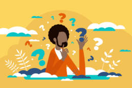 illustration of a man thinking while surrounded by question marks and clouds