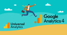 Illustration of a man jumping from the old Universal Analytics logo to the new Google Analytics 4 logo