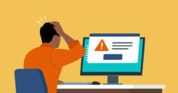 Illustration of person hitting head in frustration while observing an error message jumping off a computer screen