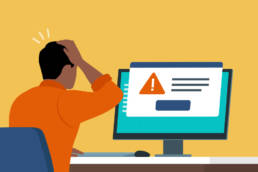 Illustration of person hitting head in frustration while observing an error message jumping off a computer screen