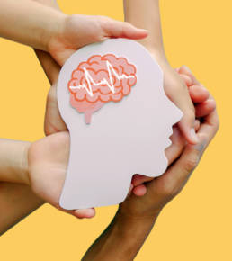 Hands holding cardboard cutout of a brain