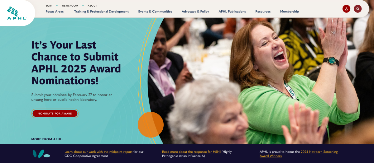 APHL homepage featuring a banner encouraging award nominations and a smiling woman in a green sweater, applauding enthusiastically.