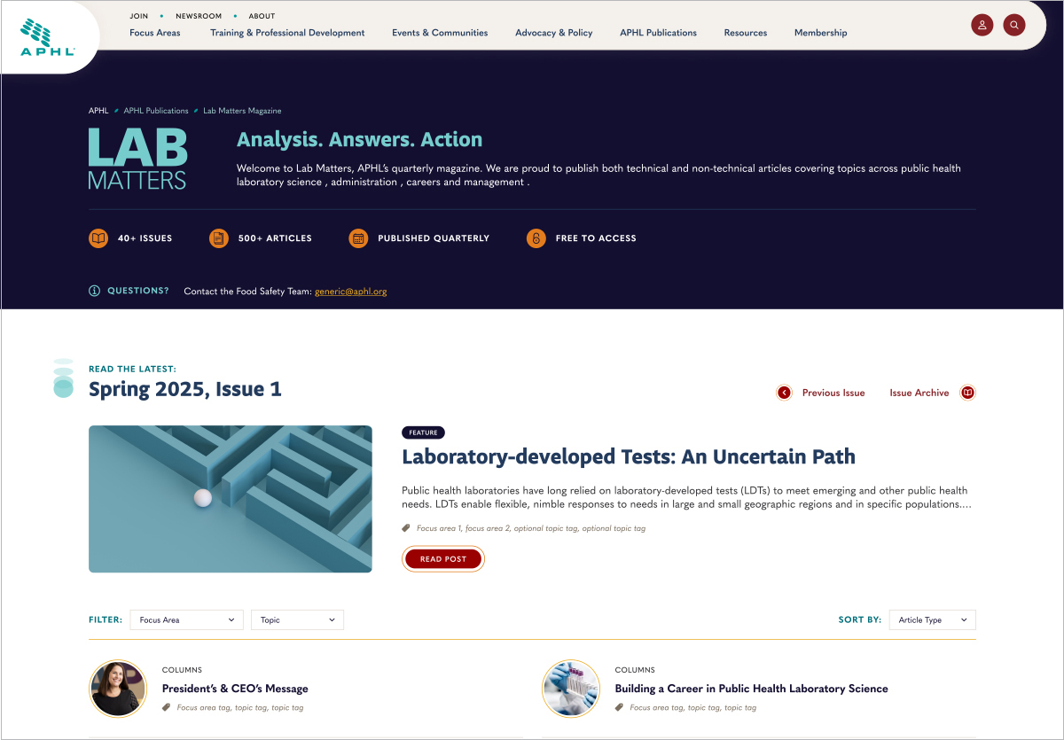 Screenshot of APHL's "Lab Matters" magazine webpage, featuring a banner with the tagline "Analysis. Answers. Action."