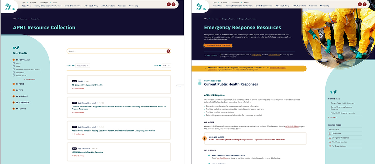 Side-by-side screenshots of two APHL website resource pages. On the left, the "APHL Resource Collection" page displays a searchable list of resources with filters the user may apply. On the right, the "Emergency Response Resources" page features sections highlighting current public health responses, laboratory alerts, and emergency preparedness resources.