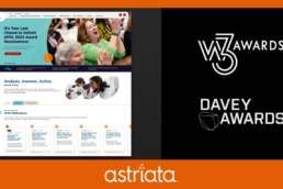 Astriata award announcement graphic featuring the w3 Awards and Davey Awards logos alongside a screenshot of the APHL website homepage.