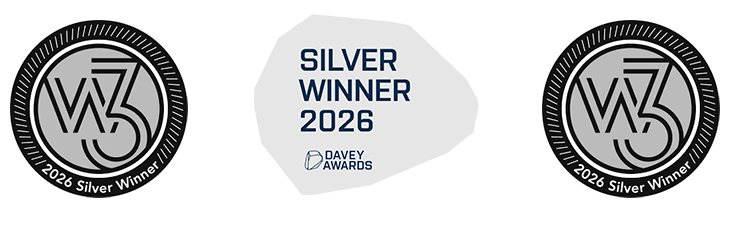 Three award graphics displayed side by side, featuring two silver w3 Awards medals labeled "2026 Silver Winner" on either side of a central Davey Awards graphic, reading "Silver Winner 2026."